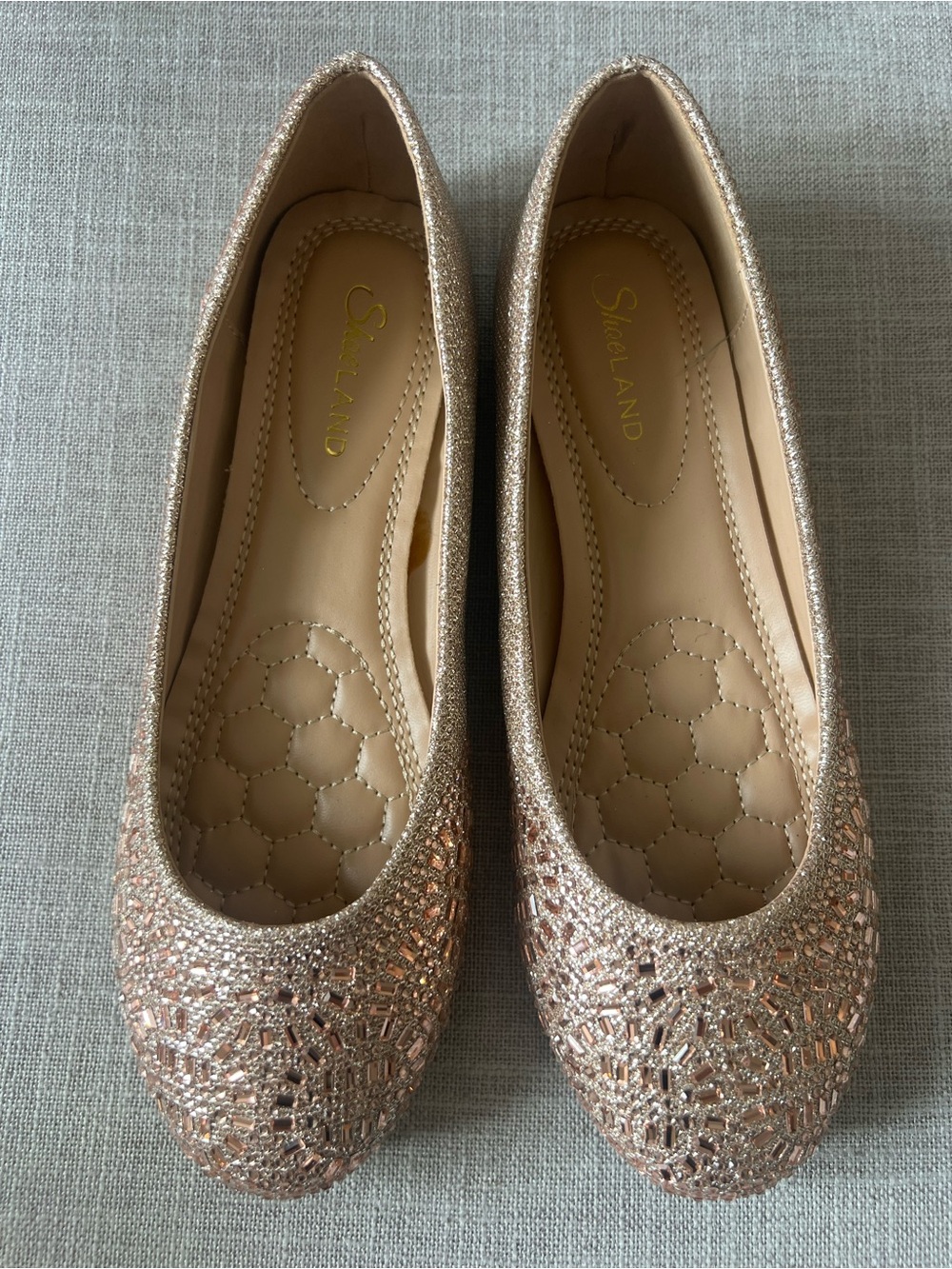 Shoeland Rose Gold Ballet Flats, size 7, jeweled embellished dressy occasion